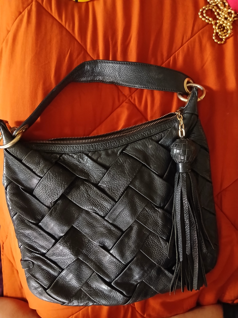 Black Woven Leather Shoulder Bag with Tassel